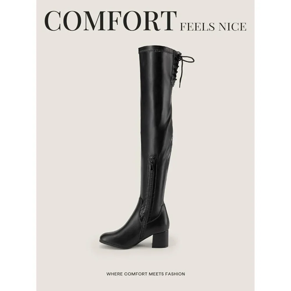 Women Black/Pu Faux Leather Over The Knee Chunky Heel Long Stretch Boots